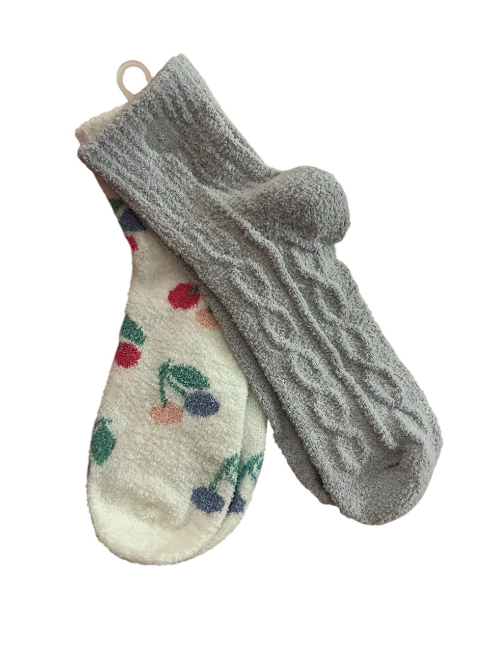 Cozy Fuzzy Socks - Gray Cable Knit & Cherry Pattern - new